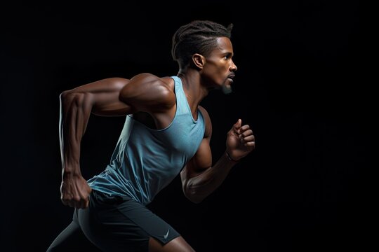 Active young african muscular speed running pose, Sport action pose in stadium running track background. Studio lighting