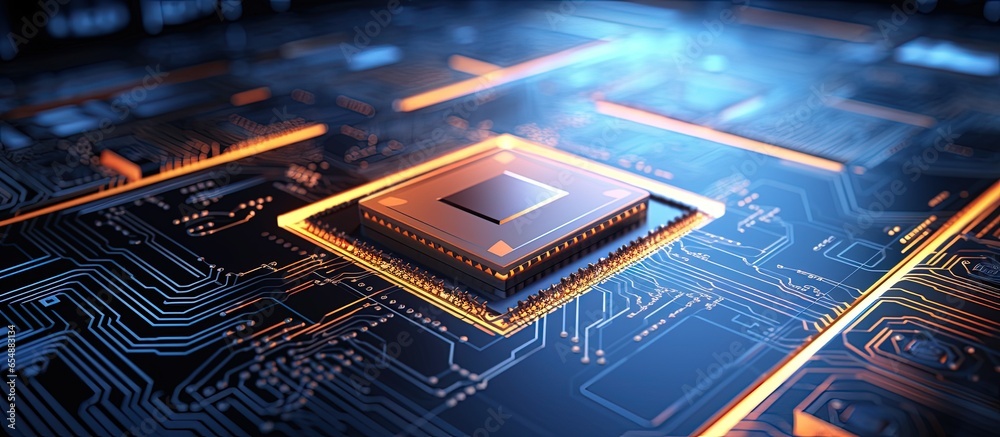 Poster futuristic chip with ai in a digital environment connected with energy lines with copyspace for text