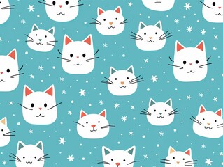 white cats on a blue background with stars, seamless pattern with cats