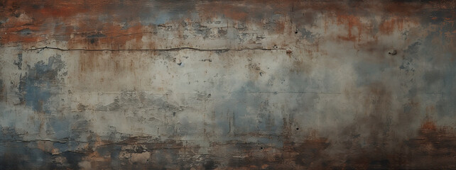 old rusty metal background, surface rusted metal wall with remnants of old paint red and blue on it, panorama  - obrazy, fototapety, plakaty