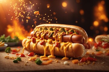 Hot hotdog with melted cheese fire and flying. ai generative - obrazy, fototapety, plakaty