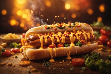 Hot hotdog with melted cheese fire and flying. ai generative - obrazy, fototapety, plakaty