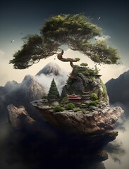bonsai mountain wide angle professional photography ultra sharp resolution highly detailed extreme textured natural lighting octane rendering 16k 