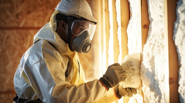 Photo of construction worker working with insulation, rockwool
