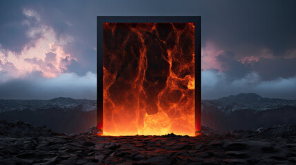 open door in the midst of a fiery, volcanic landscape - the entrance to the Gate of Hell