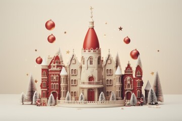 Fairy tale castle with snow and christmas balls. 3d rendering. Generative Ai