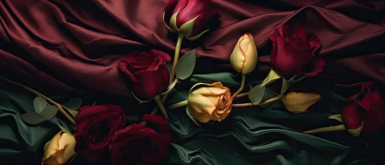 Fototapeten Velvet roses and golden tulips juxtaposed on a silk maroon background, radiating shades of burgundy, gold, and dark green. Valentines, mothers day, jewellery glamorous fashion design. © Dannchez