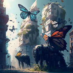 Future city robots lots of butterflies 