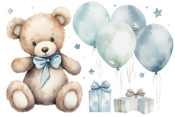 Watercolor illustration on a children's theme, a cute funny bear with gifts, flowers and balloons, pastel colors