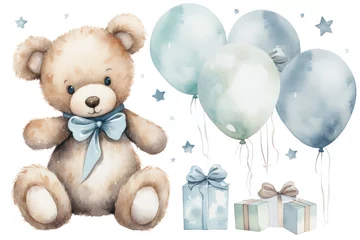 Foto op Aluminium Watercolor illustration on a children's theme, a cute funny bear with gifts, flowers and balloons, pastel colors © Henryzoom