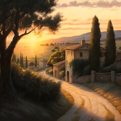sun setting over delicious tuscan scene soft light photo realism 