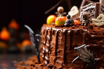 Fototapeta na wymiar Close-up of a Halloween cake with chocolate decorations. Generative AI