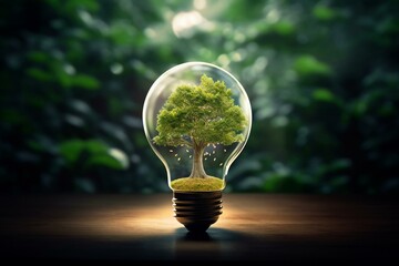 Illustration: tree growing in light bulb promotes clean environment, combating climate change. Generative AI