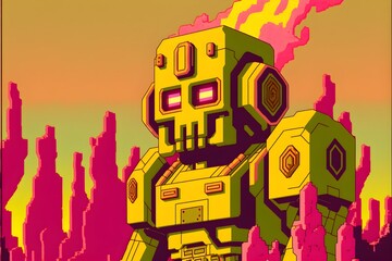 chunky yellow robot on alien world with Pink Sky and Geysers with Green Gas shooting out pixelated 