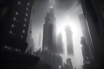 Zelfklevend Fotobehang world cityscape landscape scifi warhammer 40k gritty grim high angle monochromatic desaturated detailed realistic UHD 32k sharp unreal engine render atmospheric particals ray tracing volumetric fog  © Miles