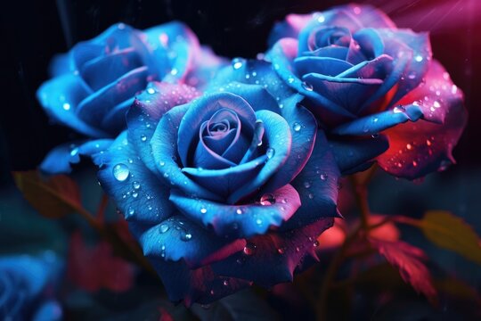 Beautiful blue roses with water drops on petals, close up. Generative Ai