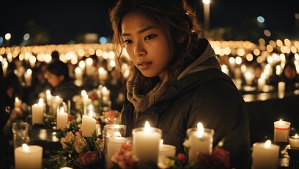 "Gathering at twilight, remembering the tsunami's impact with candlelight by the sea."