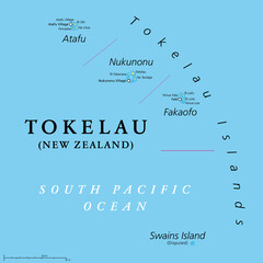 Tokelau, dependant territory of New Zealand, political map. Archipelago in the South Pacific consisting of tropical coral atolls Atafu, Nukunonu and Fakaofo. The Swains Island is territorial disputed. © Peter Hermes Furian