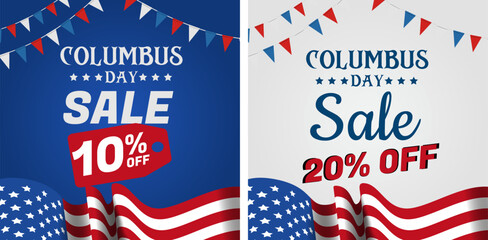 PrintColumbus sale discount, Happy Columbus Day Greeting Card 2023 with Waving USA flag vector background illustration for banner, poster, social media feed