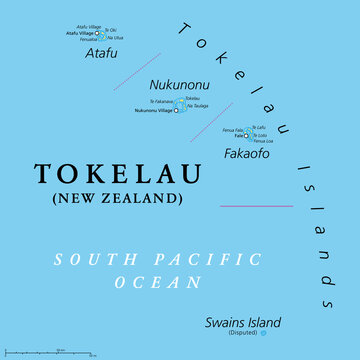 Tokelau, dependant territory of New Zealand, political map. Archipelago in the South Pacific consisting of tropical coral atolls Atafu, Nukunonu and Fakaofo. The Swains Island is territorial disputed.