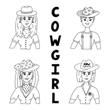 Set with cowgirl wearing hat, bandana, t-shirt and star earrings. Cute portrait of cow girl, Wild west theme. Vector doodle with hand drawn outline western female character for print design, poster.