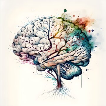 a brain with neurons and synopsis in detailed watercolor line style 