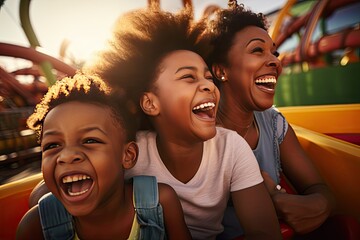 Photo of an African American mother and two children riding a rollercoaster at an amusement park or state fair, experiencing excitement, joy, laughter and summer fun.