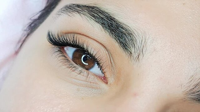 Close up of eye with eyelash Extensions in beauty salon macro view 
