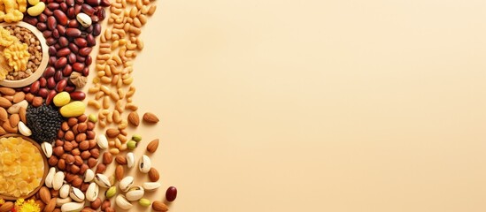 Food concept with assorted nuts and seeds on a beige background