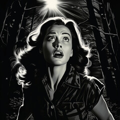 vintage illustration of a female in the woods filled with terror