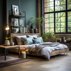 loft interior design bedroom ideas decoration with steel feame and dark color scheme beautiful detail design concept