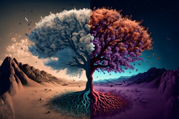 giant tree divided into two parts blooming and dried without leaves magical forest background trees colourful landscape nonexistent 