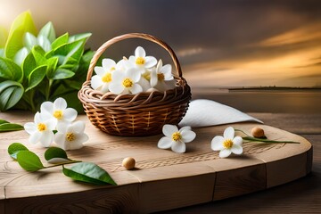 Obraz na płótnie Canvas Basket with jasmine flowers on a wooden background