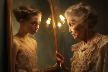 Photo of an elderly woman reflecting on her own reflection as a young girl in a vintage mirror - created with Generative AI technology - obrazy, fototapety, plakaty