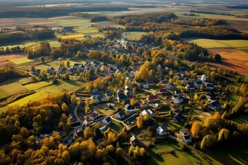 An aerial view of Czarny Las village, Piaseczno county near Góra Kalwaria city, Poland. Generative AI - obrazy, fototapety, plakaty