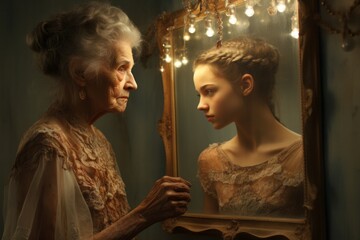 Photo of an elderly woman reflecting on her own reflection as a young girl in a vintage mirror - created with Generative AI technology - obrazy, fototapety, plakaty