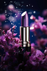 A purple lipstick sitting on top of a bed of purple flowers. Digital art. - obrazy, fototapety, plakaty