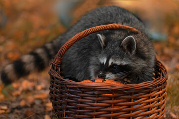 A raccoon in a basket is gnawing a toy against the background of an autumn forest