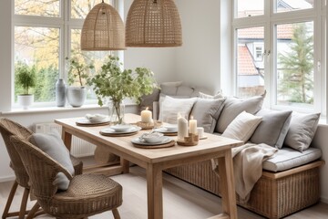 Obraz premium beautiful cosy natural contemporary interior dining room area with bright and clean design element earth tone material color scheme decorating house beauty background