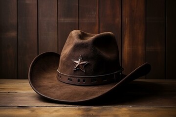 Classic western-style accessory: brown hat with star. Generative AI - obrazy, fototapety, plakaty