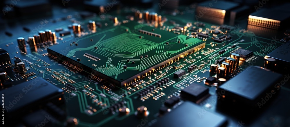 Poster dark environment during electronics manufacturing macro shot of printed circuit board with component