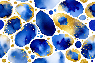 Abstract watercolor glitters art painting with alcohol ink, blue and gold colors. Generative AI