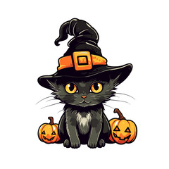 Vector clipart, cute witch cat vector clipart, fall autumn halloween drawing. Good for fashion fabrics, postcards, covers, T-shirts, email header, banner, advertising, and more.