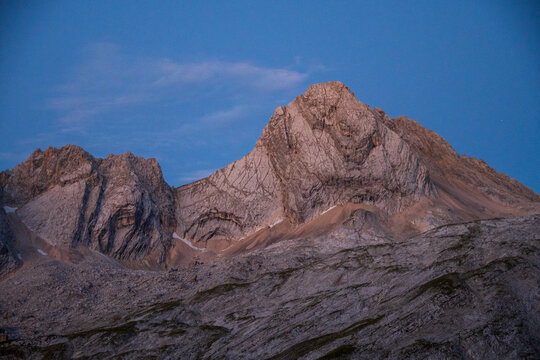 Plattspitzen mountain peaks in alps during morning blue hour