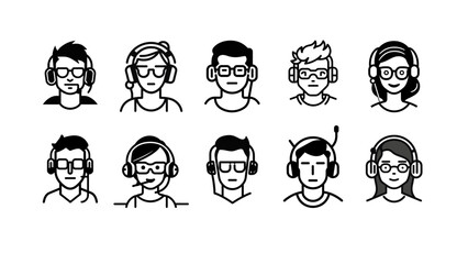 Call center people. Set of vector faces of people with headphones.