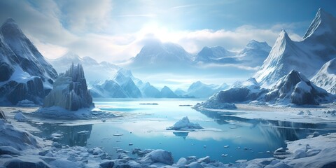 AI Generated. AI Generative. Winter ice snow frozen lake nature outdoor background with mountains landscape. Graphic Art