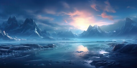 AI Generated. AI Generative. Winter ice snow frozen lake nature outdoor background with mountains landscape. Graphic Art