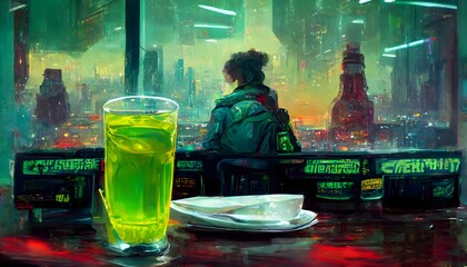 cyberpunk Mountain Dew can sitting on a table in a cyberpunk cafe street level 