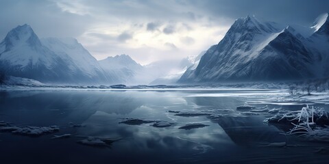 AI Generated. AI Generative. Winter ice snow frozen lake nature outdoor background with mountains landscape. Graphic Art