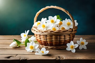 Basket with jasmine flowers on a wooden background